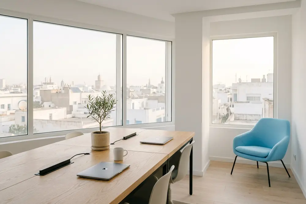Bureau lumineux et minimaliste avec vue sur les toits blancs de Tunis