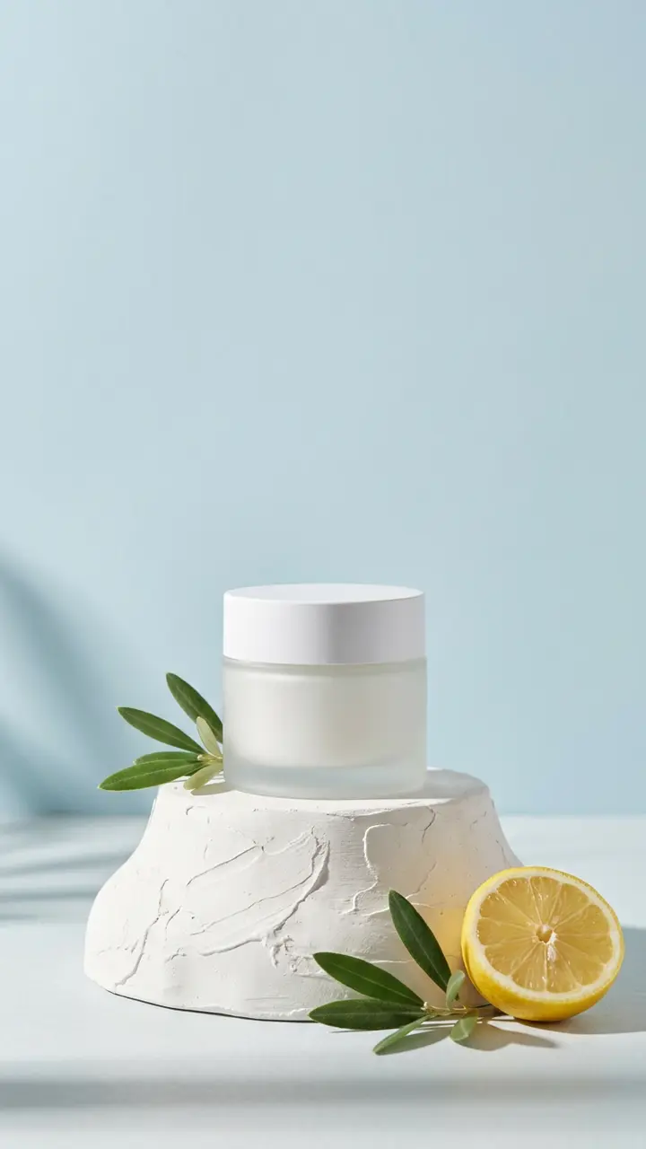 Visuel publicitaire généré avec Swai : pot de crème sur socle en plâtre