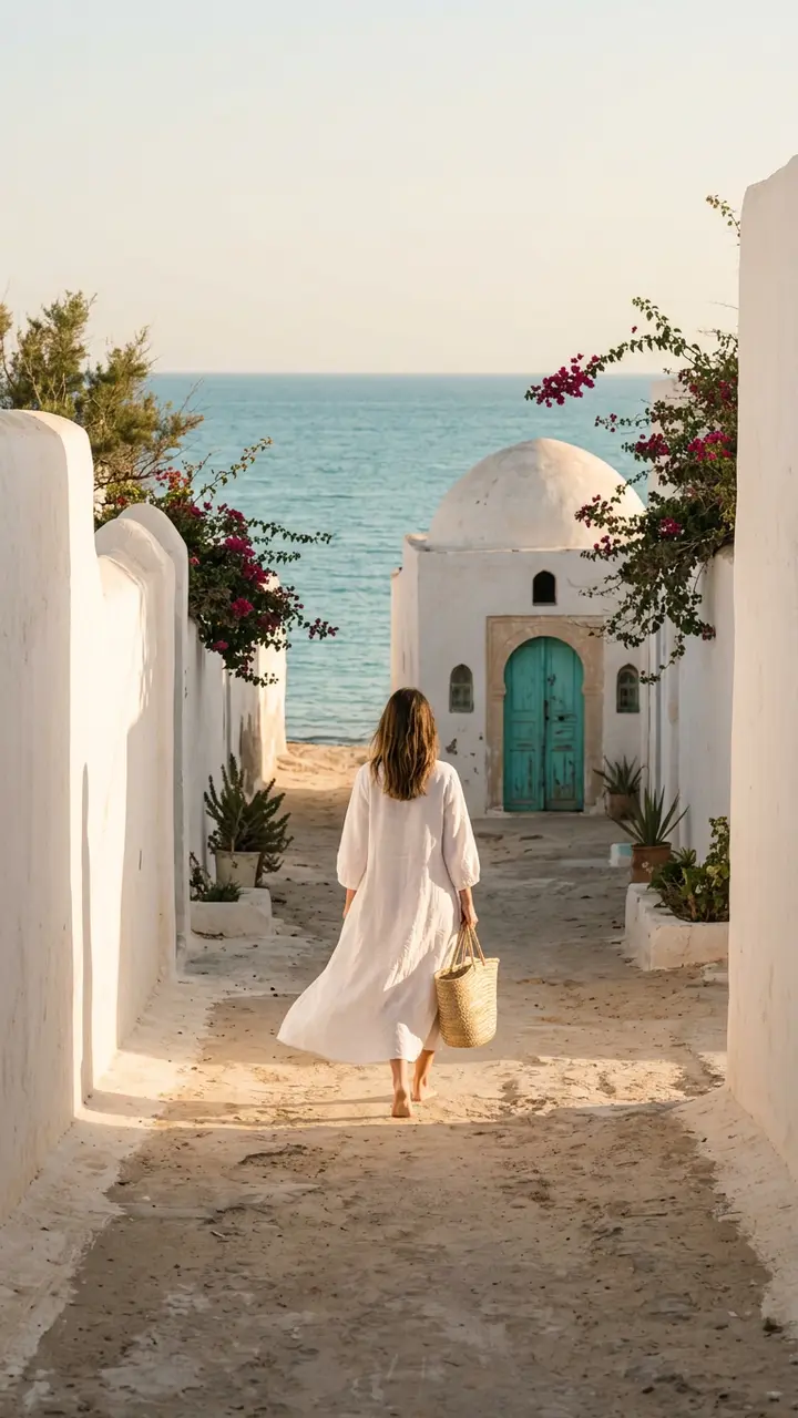 Visuel de voyage généré avec Swai : ruelle blanche menant à la mer à Djerba
