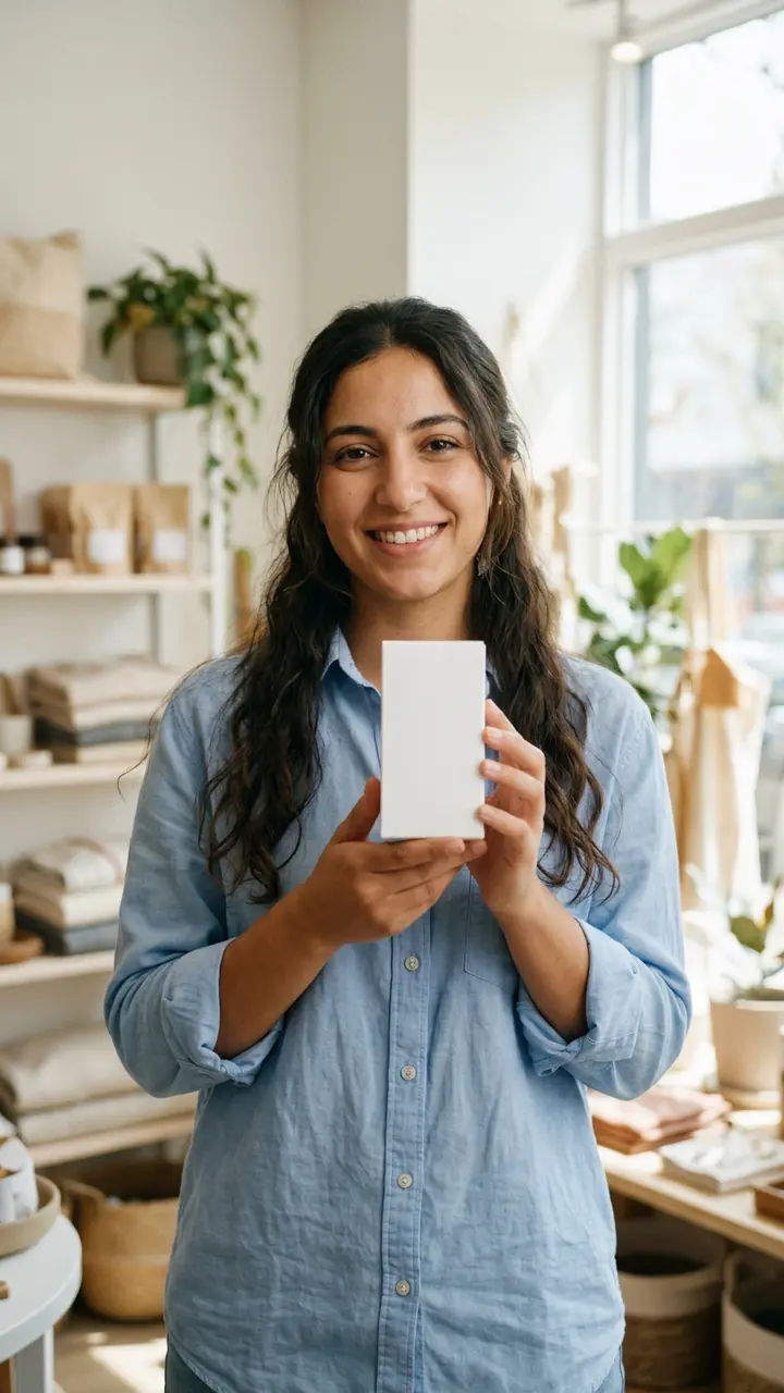 Image de vidéo publicitaire générée avec Swai : présentatrice tenant un produit
