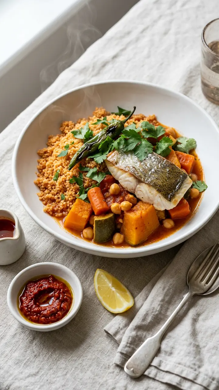 Photo culinaire générée avec Swai : couscous au poisson