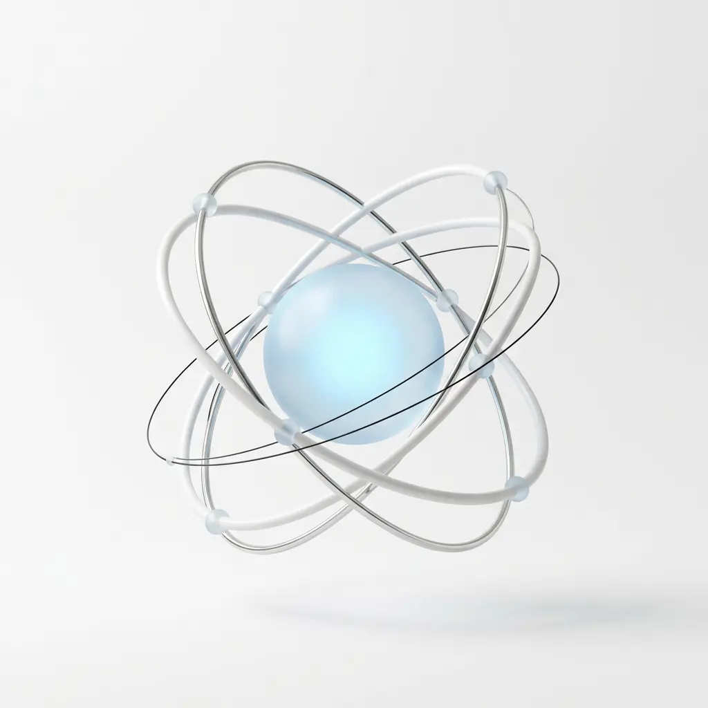Sculpture abstraite d'un réseau neuronal : sphère de verre bleu clair entourée d'anneaux en porcelaine blanche
